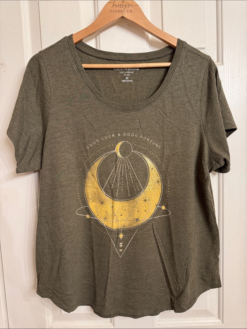 Lucky Brand Olive Green Short Sleeve Tee with Gold Crescent Moon Graphic